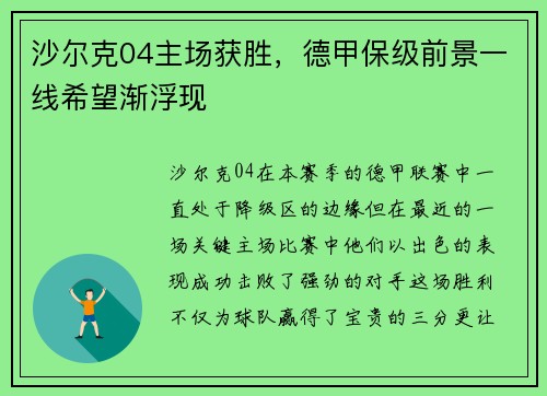 沙尔克04主场获胜，德甲保级前景一线希望渐浮现