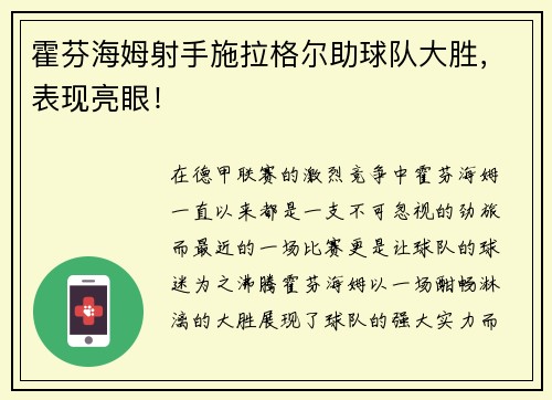 霍芬海姆射手施拉格尔助球队大胜，表现亮眼！